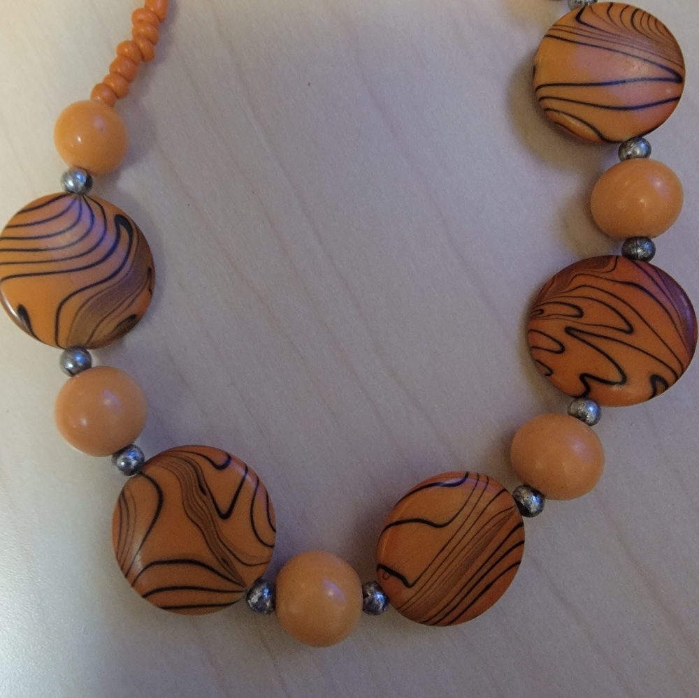 Unique Vintage Lightweight Orange/Black Necklace/Silver Necklace